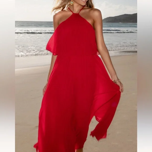 Petal & Pup Red Pleated Halter Maxi Dress - Picture 2 of 7